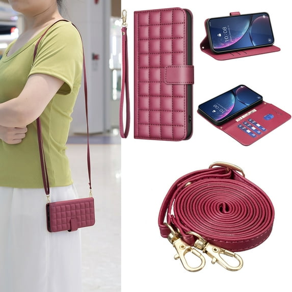 Wallet Case for Samsung Galaxy S25+ Plus, Detachable Shoulder Strap Hand Wrist Cards Slots Flip Stand Shockproof Premium PU Leather Cover for Samsung Galaxy S25+, Red