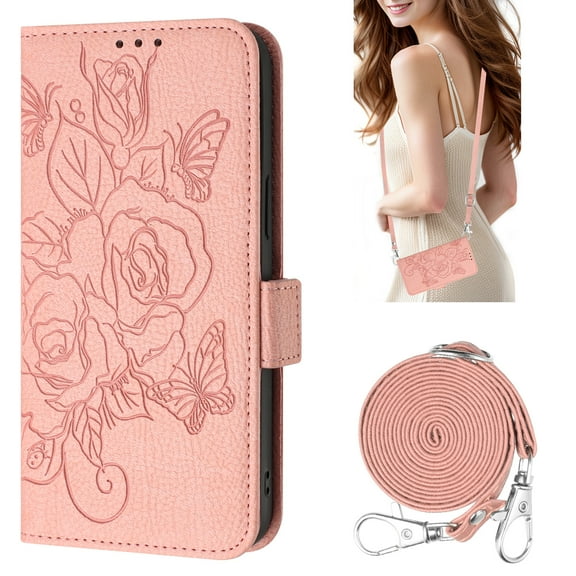 Wallet Case for Samsung Galaxy S25 Plus, Rose Flower Embossed PU Leather Flip Cover with Wrist & Shoulder Strap,Kickstand RFID Blocking Magnetic Card Slots Full Body Protection for Women, Pink