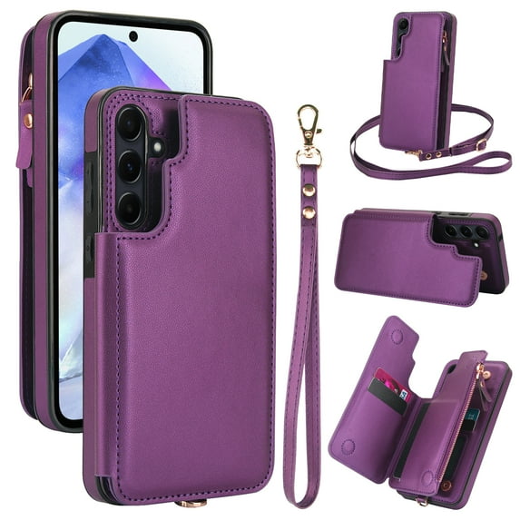 Wallet Case for Samsung Galaxy S25 Plus, with Wrist and Shoulder Strap Kickstand Flip PU Leather 6 Card Slots Zipper Pocket Shockproof Protective Phone Cover for Galaxy S25 Plus, Darkpurple