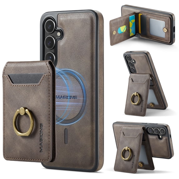 Wallet Case for Samsung Galaxy S25,Ring Holder,Compatible with MagSafe Magnetic RFID Blocking Detachable Premium PU Leather Case with Card Slots Holder Kickstand Wireless Charging,Coffee