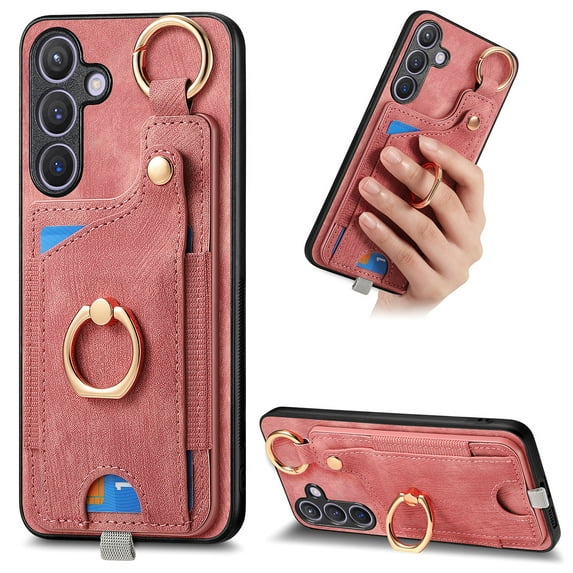 Wallet Case for Samsung Galaxy S25, Support Car Mount, Luxury PU Leather Shockproof Anti-Fall 360° Finger Ring Stand Rotatable Kickstand Case with Magnetic Snap & Card Slots, Pink