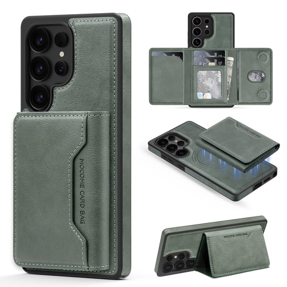 Wallet Case for Samsung Galaxy S25 Ultra Compatible with Mag-Safe for Men Women, Detachable Magnetic 2-in-1 PU Leather Wallet Phone Case Cover with Folio Card Slot Holder, Green