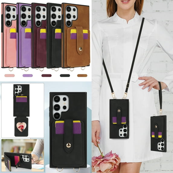 Wallet Case for Samsung Galaxy S25 Ultra, with Detachable Hand Wrist & Lanyard & Make-up Mirror Stand Feature PU Leather Drop Protection Cards Holder Phone Cover for Samsung Galaxy S25 Ultra,Black