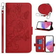 thumbnail image 1 of Wallet Case for Samsung Galaxy S25 Ultra, Embossed Flower PU Leather Flip Protective Wrist Strap Shoulder Strap RFID Blocking Card Slots Holder Pocket Stand Case for Women Girls, Red, 1 of 9