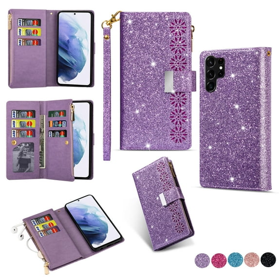 Wallet Case for Samsung Galaxy S25 Ultra, Glitter Bling Flip Folio Leather Protective Magnetic Stand Zipper Purse Phone Cover with 9 Card Slot Holder Wrist Strap for Women, Purple