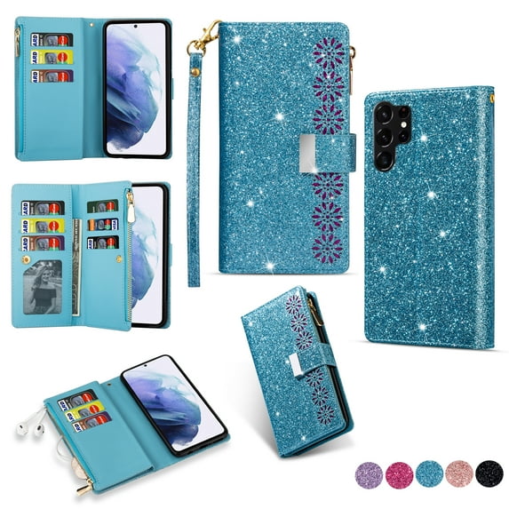 Wallet Case for Samsung Galaxy S25 Ultra, Glitter Bling Flip Folio Leather Protective Magnetic Stand Zipper Purse Phone Cover with 9 Card Slot Holder Wrist Strap for Women, Skyblue