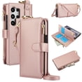 thumbnail image 1 of Wallet Case for Samsung Galaxy S25 Ultra, PU Leather Flip Cover with RFID Blocking Card Slots Zipper Pocket, Hand Strap Kickstand Magnetic Clasp Finger Ring Detachable Crossbody Strap, Rosegold, 1 of 7
