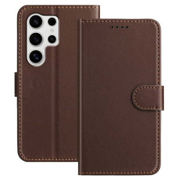 Wallet Case for Samsung Galaxy S25 Ultra Phone Case with Card Holder, Magnetic PU Leather Stand Flip Folio Phone Cover for Women Men Girls Boys, Credit Card Slot Purse & Protective TPU Bumper, Brown