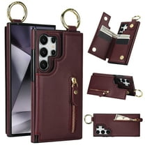 Wallet Case for Samsung Galaxy S25 Ultra, Premium Vintage PU Leather Magnetic Closure Handbag Zipper Pocket Case Kickstand Card Holder Slots with Ring Hook Shockproof Flip Cover, Jujube Red