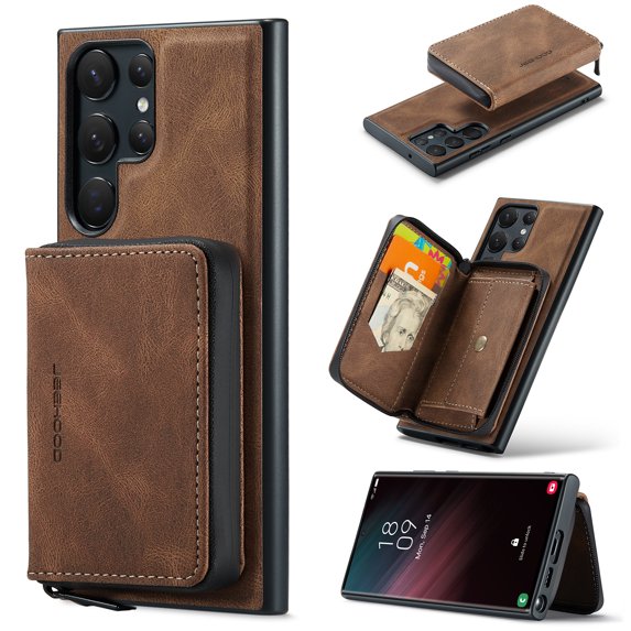 Wallet Case for Samsung Galaxy S25 Ultra, Removeable Zipper Pocket Back Case with Card Holder, PU Leather Drop Protective Cover Case with Kickstand for Samsung Galaxy S25 Ultra, Brown