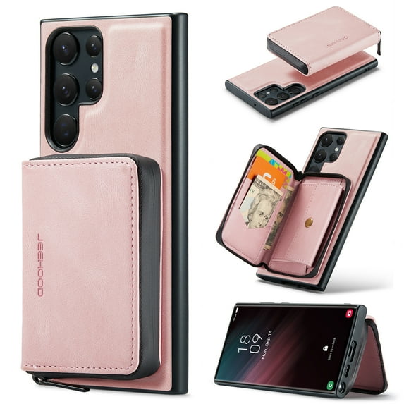 Wallet Case for Samsung Galaxy S25 Ultra, Removeable Zipper Pocket Back Case with Card Holder, PU Leather Drop Protective Cover Case with Kickstand for Samsung Galaxy S25 Ultra, Pink