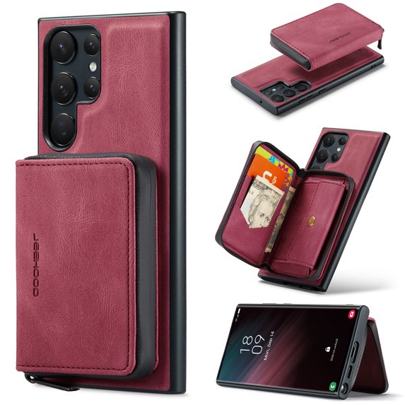 Wallet Case for Samsung Galaxy S25 Ultra, Removeable Zipper Pocket Back Case with Card Holder, PU Leather Drop Protective Cover Case with Kickstand for Samsung Galaxy S25 Ultra, Red
