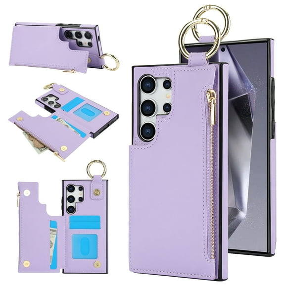 Wallet Case for Samsung Galaxy S25 Ultra with Shoulder Strap & RFID Blocking Card Slots Holder Kickstand & Finger Ring, Magnetic Flip Folio Zipper Purse Case, PU Leather Cover Handbag, Violet