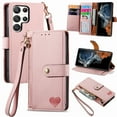 thumbnail image 1 of Wallet Case for Samsung Galaxy S25 Ultra Women Men, Durable PU Leather Magnetic Flip Lanyard Strap Wristlet Zipper Card Holder Kickstand Wallet Phone Case Cover Full Body Protection, Pink, 1 of 10