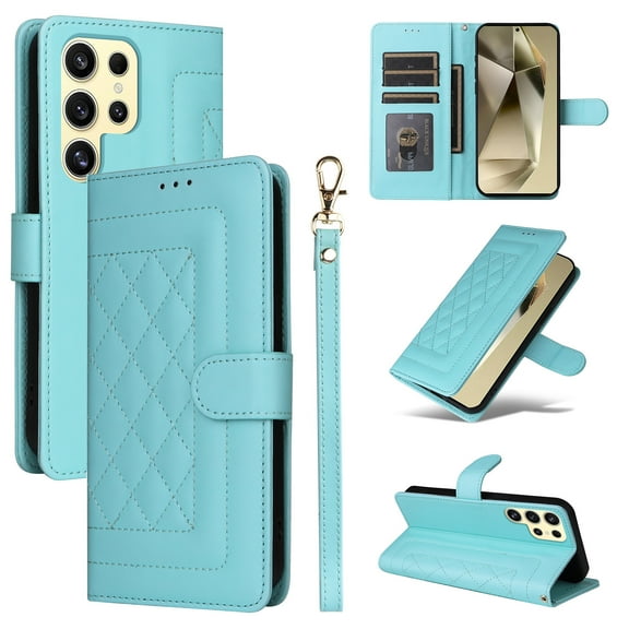 Wallet Case for Samsung Galaxy S25 Ultra with Wrist Strap, Premium PU Leather Slim Flip Cover Stand Bumper Shockproof Protective Cards Slots Anti-Scratch Phone Case for Galaxy S25 Ultra, Mint