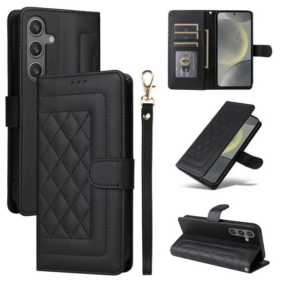Wallet Case for Samsung Galaxy S25+ with Wrist Strap, Premium PU Leather Slim Flip Cover Stand Bumper Shockproof Protective Cards Slots Anti-Scratch Phone Case for Samsung Galaxy S25+, Black