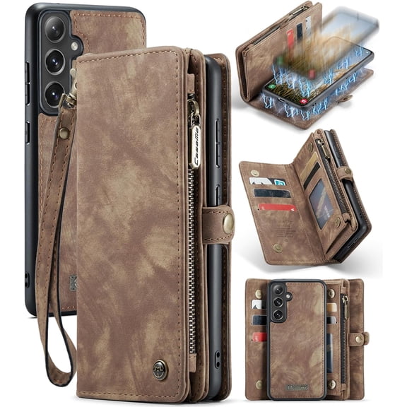 Wallet Case for Samsung Galaxy S25, Zipper Purse Folio Leather Wallet with Card Holder Wrist Strap Detachable Magnetic Shockproof Protective Back Case for Samsung Galaxy S25