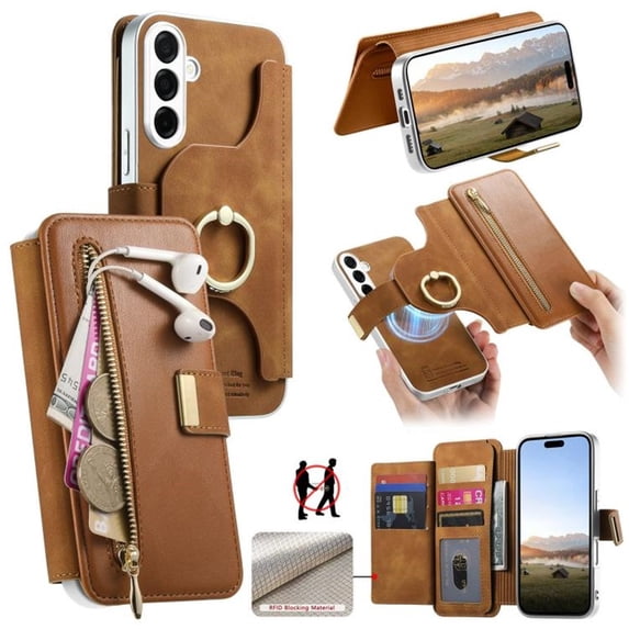 Wallet Case for Samsung Galaxy S26 Plus 5G 6.7" 2-in-1 PU Leather【RFID Blocking】Flip Card Holder Zipper Pocket, Metal Ring Stand Shockproof Magnetic Detachable Cover,Brown,For Galaxy S26 Plus 5G