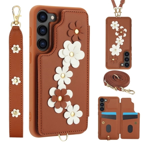 Wallet Case for Samsung Galaxy S26 Plus 5G 6.7-inch, Flower Style Leather Cover with Flip Card Holder, Detachable Shoulder Strap and Wristlet, Kickstand, Shockproof Phone Case,Brown