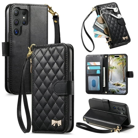 Wallet Case for Samsung Galaxy S26 Ultra, Premium Lychee Texture PU Leather Magnetic Closure Zipper Pocket Case Kickstand Card Holder Slots with Wrist Strap TPU Shockproof Flip Phone Cover - Black