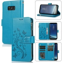 Wallet Case for Samsung Galaxy S8, Premium PU Leather Magnetic Closure Flower Pattern Handbag Zipper Pocket Case Kickstand Card Holder Slots Shockproof Flip Cover for Galaxy S8 - Blue