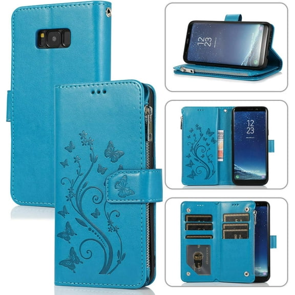 Wallet Case for Samsung Galaxy S8, Premium PU Leather Magnetic Closure Flower Pattern Handbag Zipper Pocket Case Kickstand Card Holder Slots Shockproof Flip Cover for Galaxy S8 - Blue
