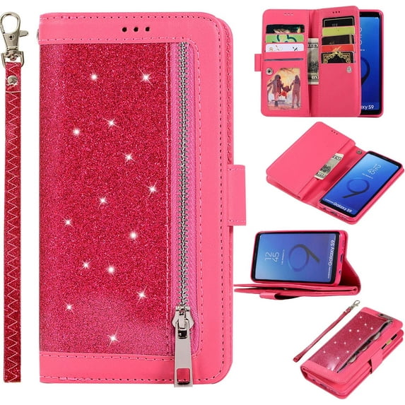 Wallet Case for Samsung Galaxy S9,Magnetic Handbag Zipper Pocket PU Leather Flip with 9 Card Slots and Wrist Strap Folio TPU Inner Stand Case for Samsung Galaxy S9 - Rose Red
