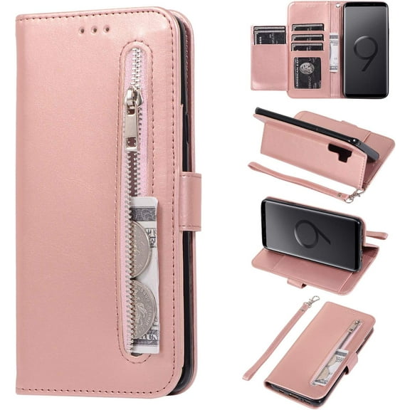 Wallet Case for Samsung Galaxy S9 Plus, 5 Card Slots Magnetic Closure Zipper Pocket Handbag PU Leather Flip Case with Wrist Strap TPU Kickstand Cover for Samsung Galaxy S9 Plus - Rose Gold