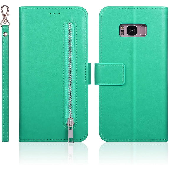 Wallet Case for Samsung Galaxy S9 Plus, 5 Card Slots Magnetic Closure Zipper Pocket Handbag PU Leather Flip Case with Wrist Strap TPU Kickstand Cover for Samsung Galaxy S9 Plus - Mint Green