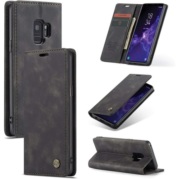 Wallet Case for Samsung Galaxy S9 Plus, Premium PU Leather Case Vintage Matte Wallet Flip Cover [Card Slots] [Magnetic Closure] Stand Function Folio Shockproof Full Protection - Black