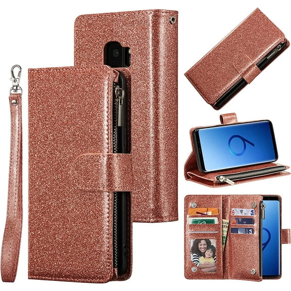 Wallet Case for Samsung Galaxy S9 Plus, Premium PU Leather Magnetic Closure Handbag Zipper Pocket Case Kickstand Card Slots with Hand Strap Shockproof Flip Case - Rose Gold