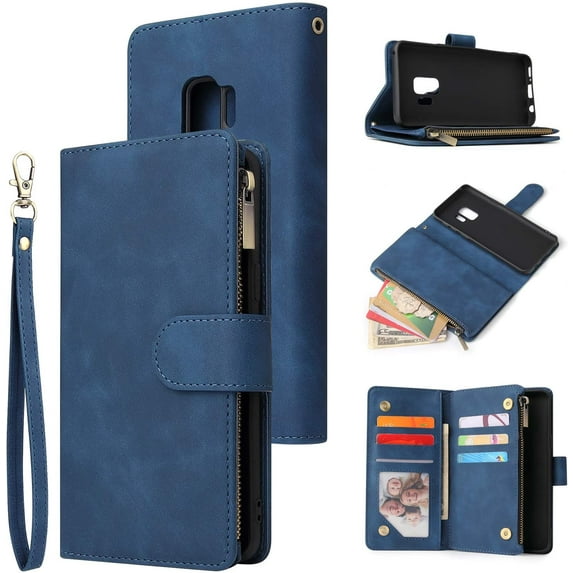 Wallet Case for Samsung Galaxy S9 Plus, Premium PU Leather Magnetic Closure Handbag Zipper Pocket Case Kickstand Card Slots with Hand Strap Shockproof Flip Case - Blue
