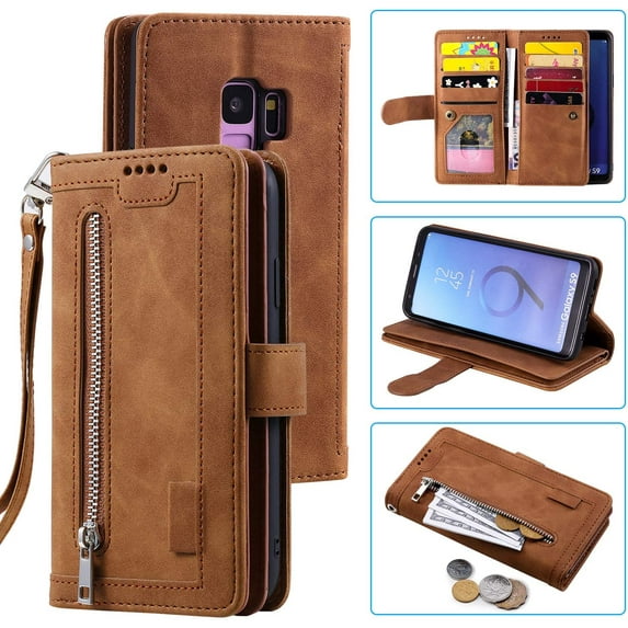 Wallet Case for Samsung Galaxy S9 Plus, Retro 9 Card Holder Slots Zipper Pocket Handbag Case PU Leather Magnetic Closure Kickstand with Wrist Strap TPU Shockproof Flip Case - Brown