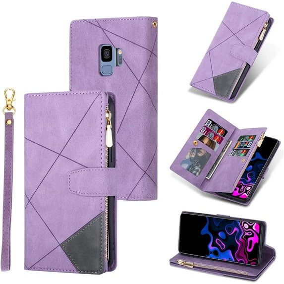 Wallet Case for Samsung Galaxy S9 Plus, Vintage Premium PU Leather Cover Flip Case with Card Slots Magnetic Closure Zipper Pocket Kickstand Handbag with Hand Strap - Purple