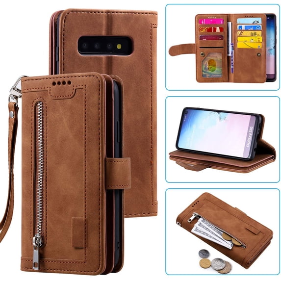 Wallet Case for Samsung Galaxy S9, Retro 9 Card Holder Slots Zipper Pocket Handbag Case PU Leather Magnetic Closure Kickstand with Wrist Strap TPU Shockproof Flip Case - Wine Red