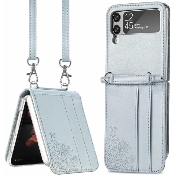 Wallet Case for Samsung Galaxy Z Flip 3 Card Holder, Embossed PU Leather Cover Removable Adjustable Shoulder Neck Strap Lanyard Phone Case for Samsung Galaxy Z Flip 3 Crossbody Grey