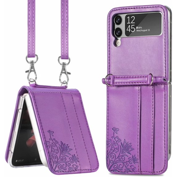 Wallet Case for Samsung Galaxy Z Flip 3 Card Holder, Embossed PU Leather Cover Removable Adjustable Shoulder Neck Strap Lanyard Phone Case for Samsung Galaxy Z Flip 3 Crossbody Purple