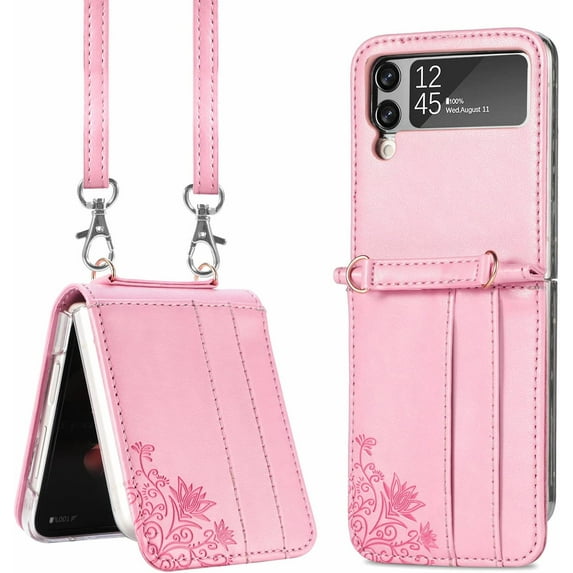 Wallet Case for Samsung Galaxy Z Flip 3 Card Holder, Embossed PU Leather Cover Removable Adjustable Shoulder Neck Strap Lanyard Phone Case for Samsung Galaxy Z Flip 3 Crossbody Rose Gold