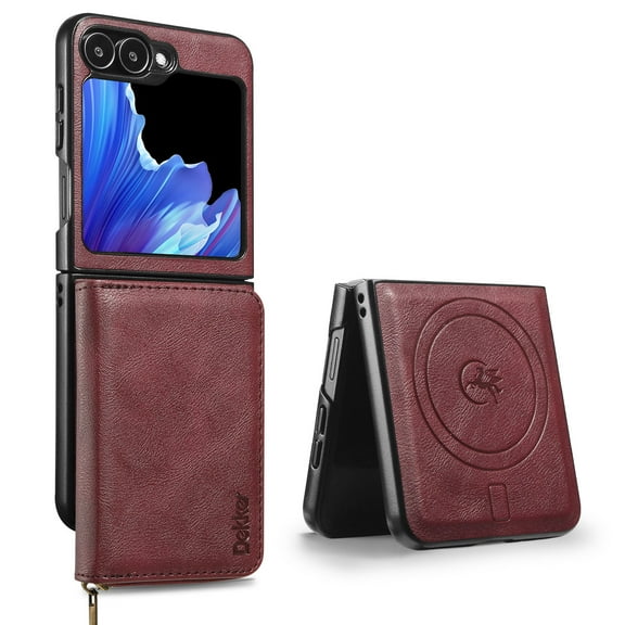 Wallet Case for Samsung Galaxy Z Flip 3 Compatible with MagSafe for Men Women, Detachable Magnetic Flip Zipper Wallet with RFID Blocking Card Slots Shockproof Rugged Anti-fall Phone Case,Winered