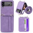 thumbnail image 1 of Wallet Case for Samsung Galaxy Z Flip 3, Pretty Card Package Cover Luxury PU Leather + Hard PC Bumper Ultra-Thin Protector with Long Shoulder Strap for Galaxy Z Flip 3 5G 2021 (A Purple), 1 of 14