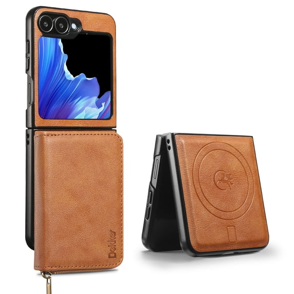 Wallet Case for Samsung Galaxy Z Flip 4 Compatible with MagSafe for Men Women, Detachable Magnetic Flip Zipper Wallet with RFID Blocking Card Slots Shockproof Rugged Anti-fall Phone Case,Brown