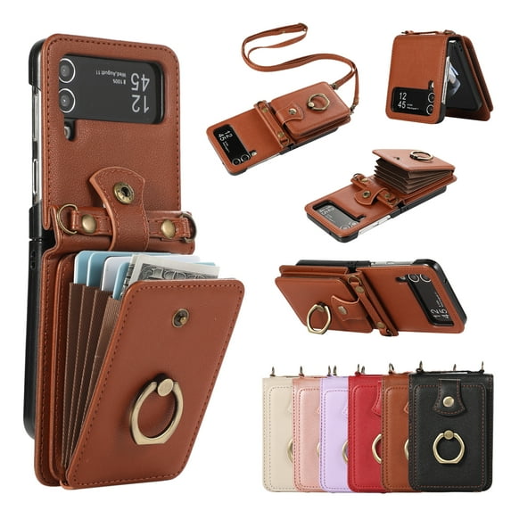 Wallet Case for Samsung Galaxy Z Flip 4, Kickstand Ring Holder Premium PU Leather Case with Crossbody Strap,Card Holder Slot Money Pocket 360°Rotation Metal Ring Grip Kickstand Cover,Brown