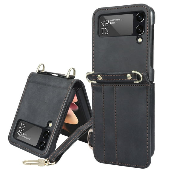 Wallet Case for Samsung Galaxy Z Flip 4, Pretty Card Package Cover Luxury PU Leather + Hard PC Bumper Ultra-thin Protective with Long Shoulder Strap for Samsung Galaxy Z Flip 4 5G, Black