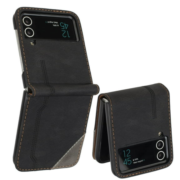 Wallet Case for Samsung Galaxy Z Flip 4, Vintage PU Leather Flip Case Card Slots Holder Cash Pocket, Kickstand Book Folding Folio Phone Cover with Wrist Strap for Samsung Galaxy Z Flip 4 - Black