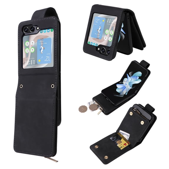 Wallet Case for Samsung Galaxy Z Flip 5 5G, Premium PU Leather Zipper Flip Folio Wallet Magnetic Snap with Detachable Wrist Strap and Shoulder Strap Protective Case for Galaxy Z Flip 5 - Black