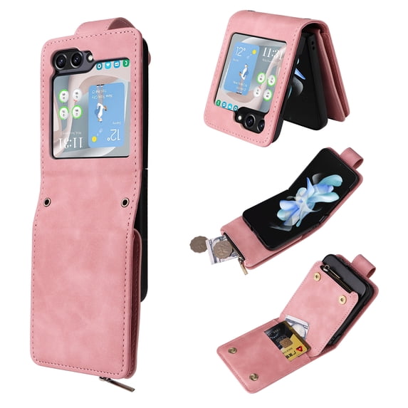 Wallet Case for Samsung Galaxy Z Flip 5 5G, Premium PU Leather Zipper Flip Folio Wallet Magnetic Snap with Detachable Wrist Strap and Shoulder Strap Protective Case for Galaxy Z Flip 5 - Pink