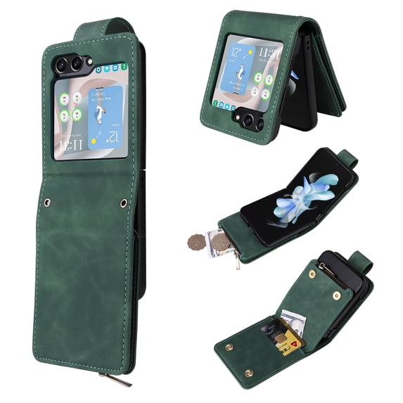 Wallet Case for Samsung Galaxy Z Flip 5 5G, Premium PU Leather Zipper Flip Folio Wallet Magnetic Snap with Detachable Wrist Strap and Shoulder Strap Protective Case for Galaxy Z Flip 5 - Green