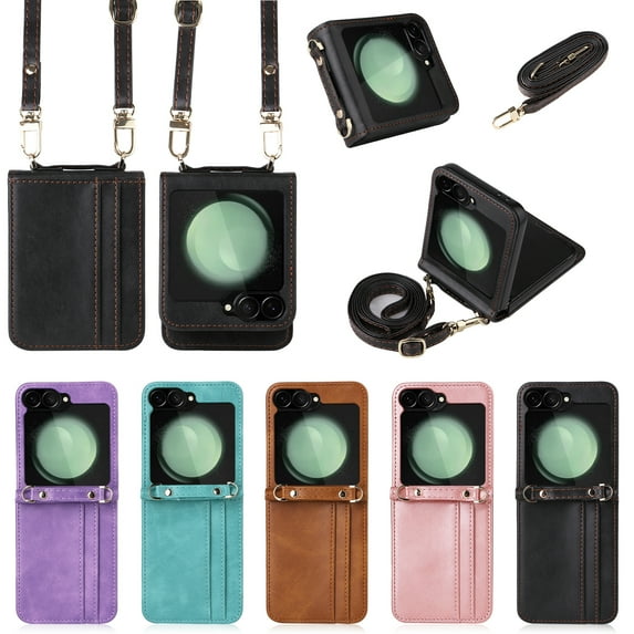 Wallet Case for Samsung Galaxy Z Flip 6, Pretty Card Package Cover Luxury PU Leather + Hard PC Bumper Ultra-thin Protective with Long Shoulder Strap for Samsung Galaxy Z Flip 6 5G, Black