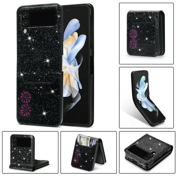 Wallet Case for Samsung Galaxy Z Flip 6, Retro Card Holder Slot Bling Glitter Case PU Leather Magnetic Closure Kickstand TPU Shockproof Flip Case For Samsung Galaxy Z Flip 6,Black