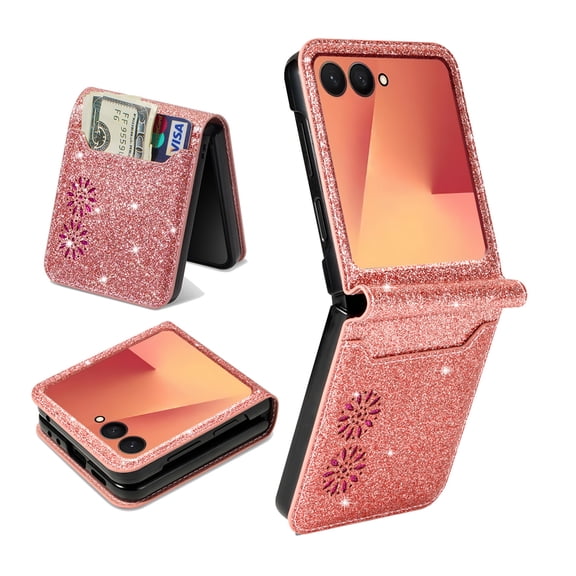 Wallet Case For Samsung Galaxy Z Flip 7, Glitter Bling Flip Kickstand Folio Bling Flower [RFID Blocking] PU Leather Magnetic Zipper Purse Cover with 9 Card Slot Holder Wrist Strap for Women,Rosegold